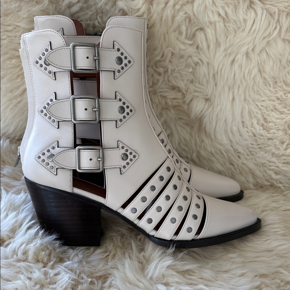 Coach Ivory Western Ankle Boots with Studded Design